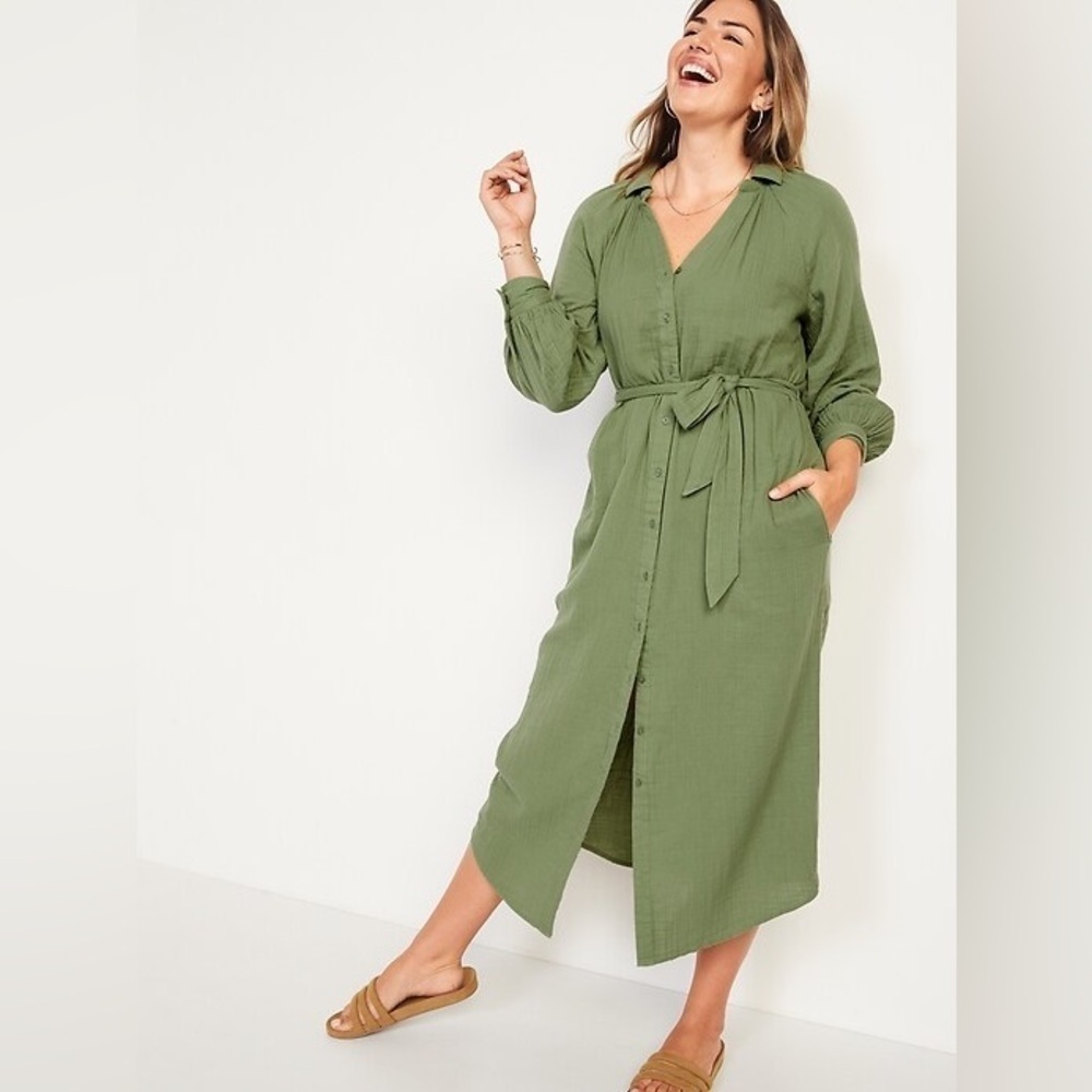 NWT! Sage Green Long-Sleeve Waist-Defined Midi Dress - Multiple Sizes